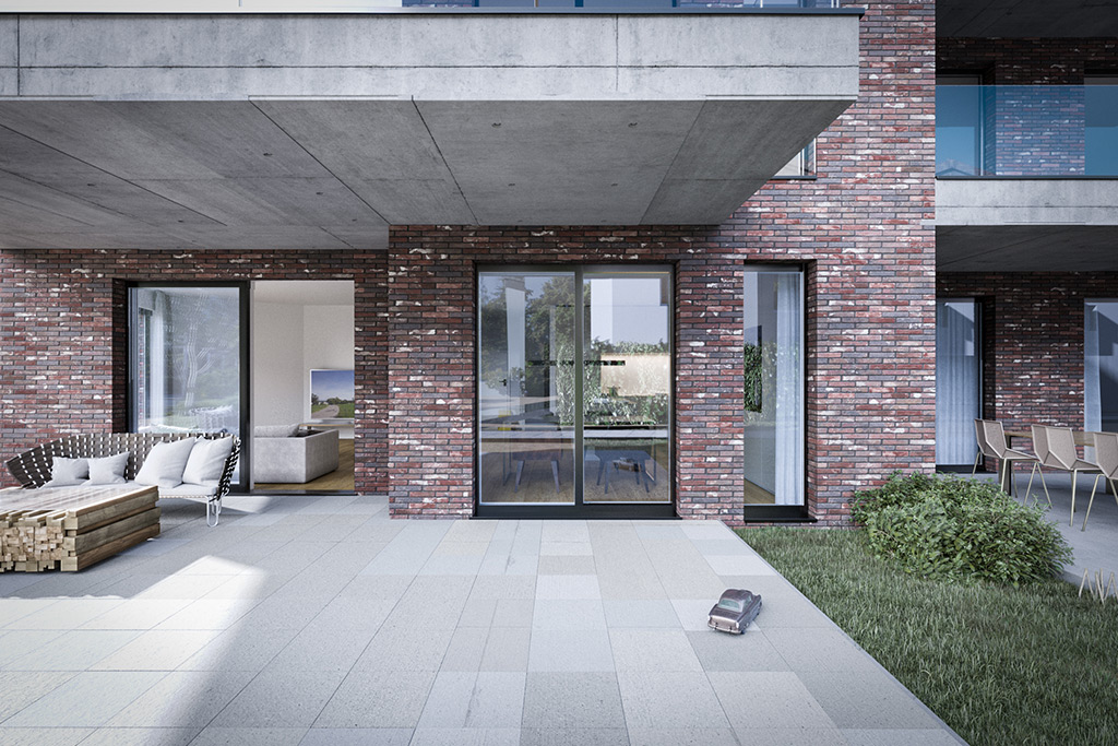 Terrasse im Erdgeschoss Rennbaumstr. Leverkusen mit Sichtbeton