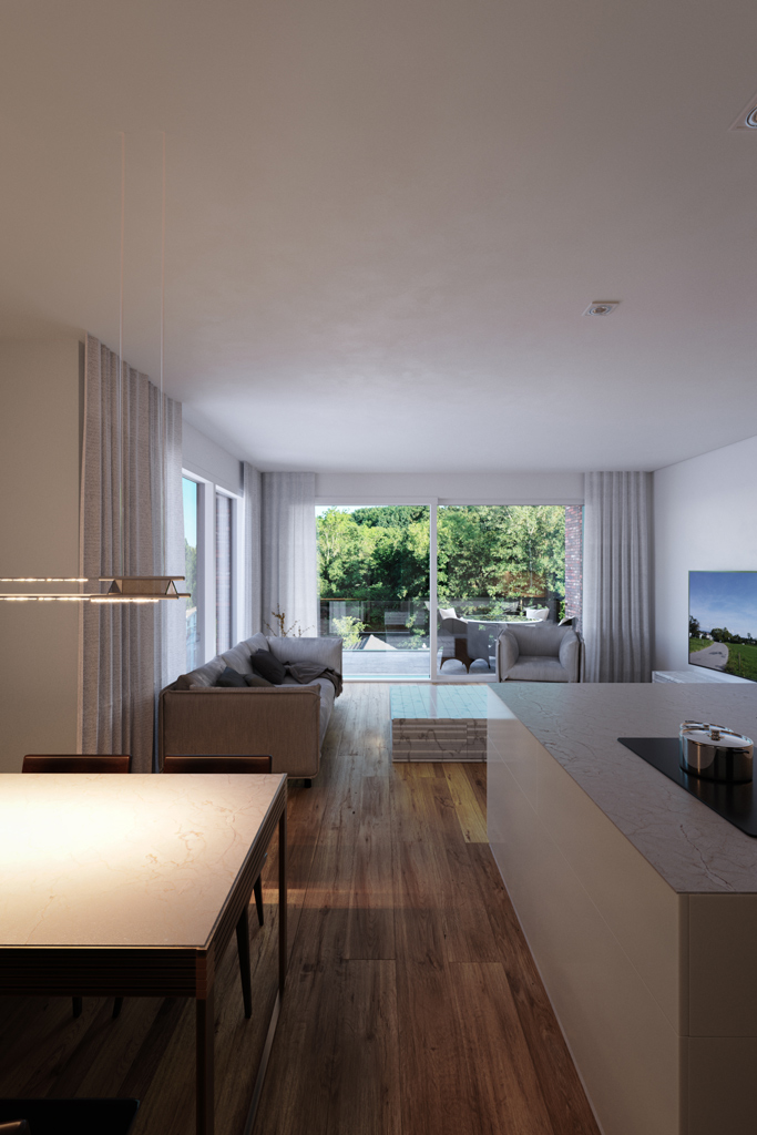 Rennbaumstr. Leverkusen: Geschosswohnungsansicht Küche + Wohnzimmer