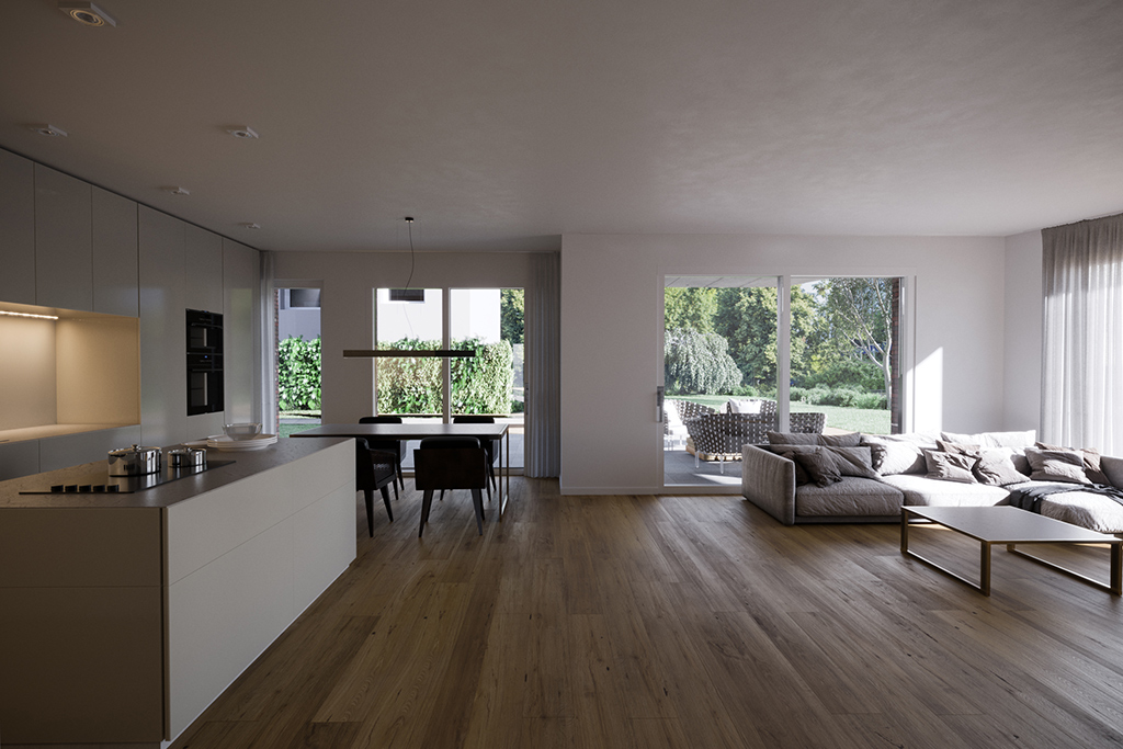 Innensansicht Rennbaumstr. Leverkusen, Erdgeschoss-Wohnung, Blick in Küche + Wohnzimmer + auf die Terrasse